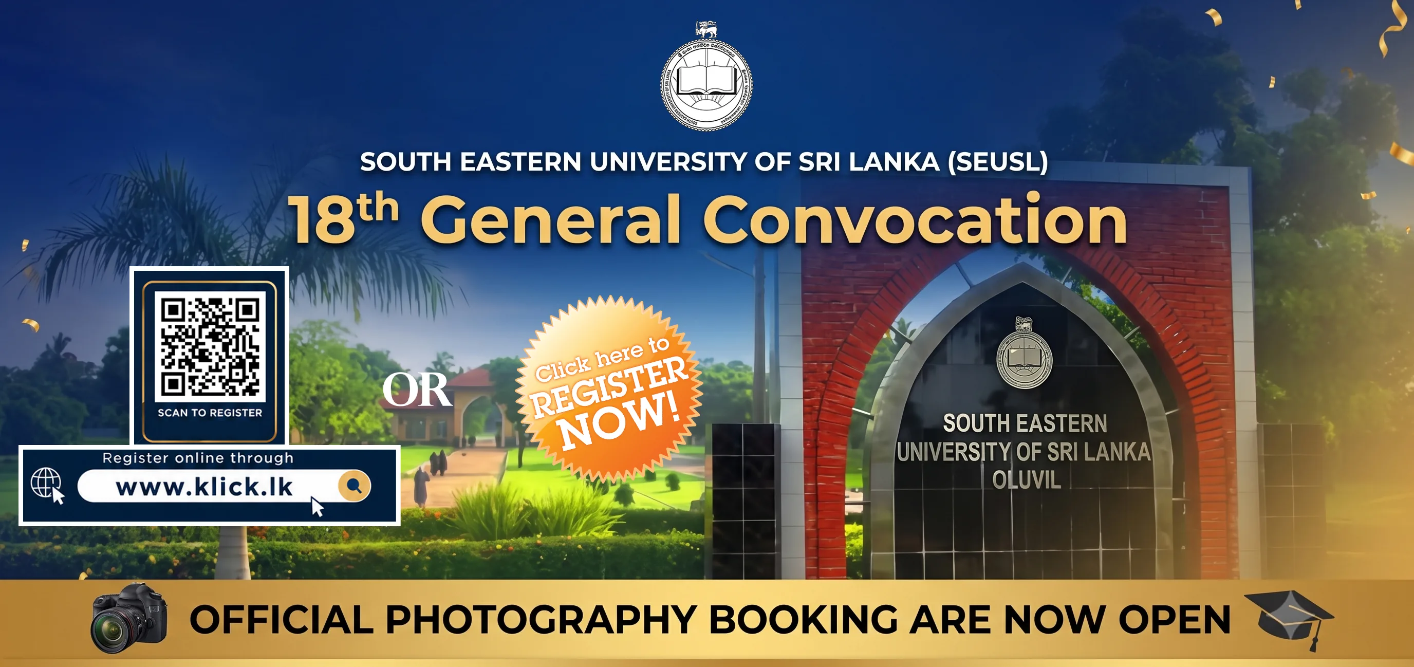 SEUSL 18th General Convocation — Klick Studio is the official photography partner. Booking opens 20th July 2026.